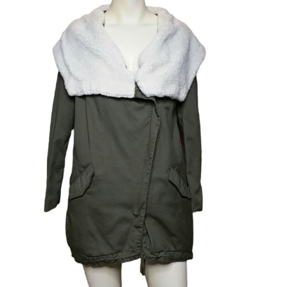 LA Hearts Olive Green Faux Fur Collar Coat XS